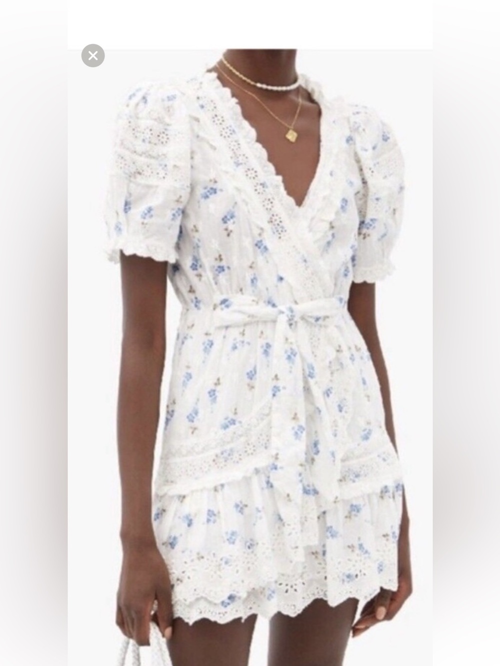 LoveShackFancy White Dress with Blue Floral Lace Trim